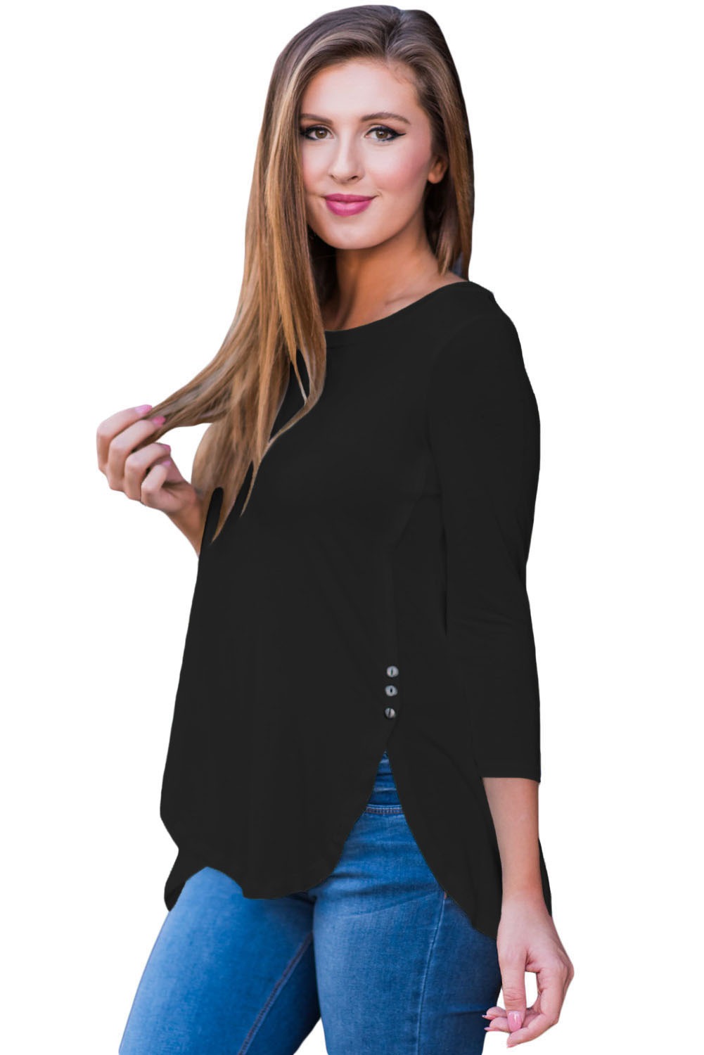 BY250345-2 Black Button Slit Detail Long Sleeve Blouse